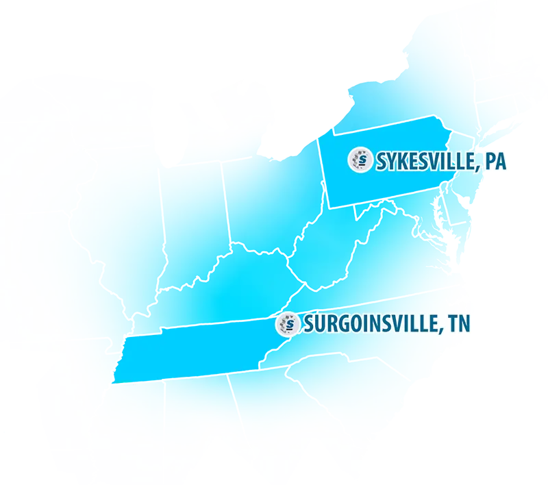 Map of the United States marking Symmco's plants in Pennsylvania and Tennessee